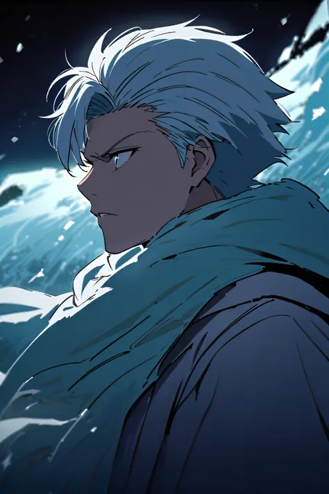 Portrait from afar , Toshiro _ Hitsugaya  ( anime character from the anime Bleach),  handsome man , elegance, Confident,  dramatic composition ,  ashy short hair ,  Calm facial expression,  flowing scarf ,  black and white outfit , night sky,  frosty atmos...