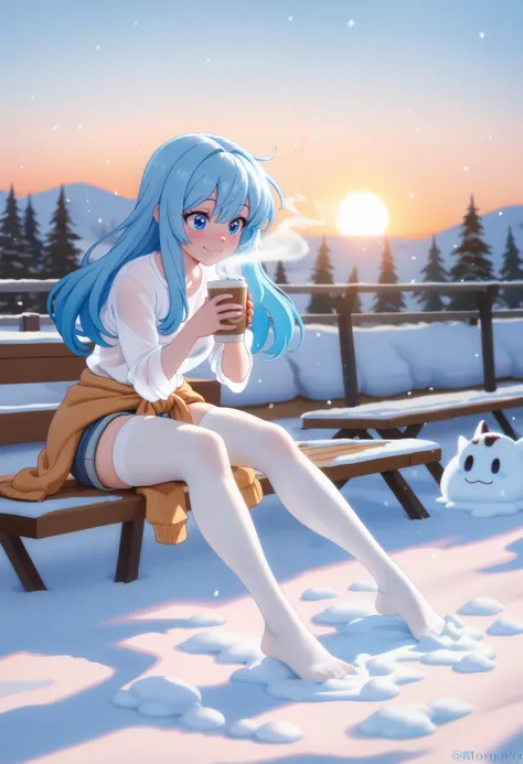 ( masterpiece,  highest quality ), 1 girl , pechos pequeños, Loose shirt, transparent shirt, panties over the waist , tall white stockings, shorts, open pants, sitting on the terrace ,  Tomorrow, snow melting in the sun,sipping hot coffee ,Steam coming out...