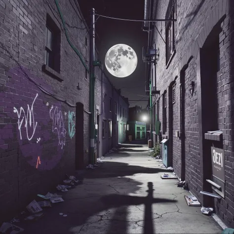 an alley at night, with graffiti and people dancing as if it were a disco