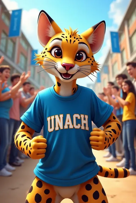 A school mascot that is an ocelot and wears a blue t-shirt that says UNACH