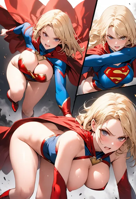 (( high quality))), ((masterpiece)), ( details), （ perfect face）、 and this woman is a blonde with medium long hair supergirl(sexy comic book anime style pose SHE'S SEXY Bent over dressed in a classic superheroine costume and cape, her breasts swelling and ...