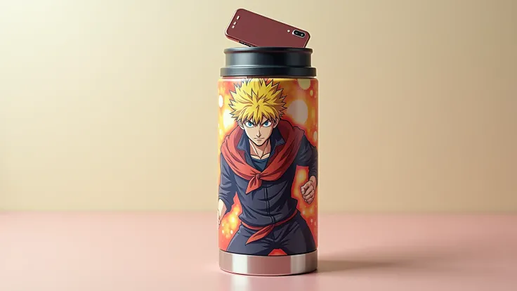 image to sublimate in a Bakugo thermos, Where the phone is a comic book type and above the cartoon is the image of Bakugo highlighted with bright colors