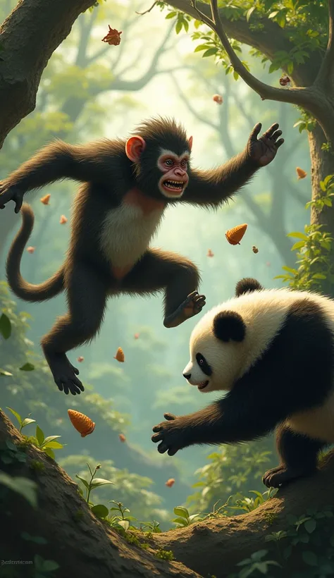 The monkey, realizing it's losing, tries to use the environment to its advantage, swinging from branches and throwing more objects at the panda.