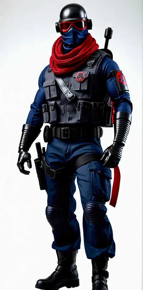 Full body image of Gi joe cobra viper, wearing darth vader mask with goggles on top, wearing dark blue tactical cargo shirt with rolled up sleeves with red snake insignia on the arm, red scarf, red grappling gloves, red gauntlets black and red armoured ves...