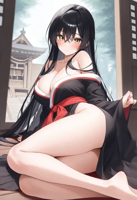  high resolution、Shrine maiden、改造Shrine maiden服、Shoulder、 back、 slit、 cleavage、 thighs、barefoot、 long black hair、 golden eyes、blush