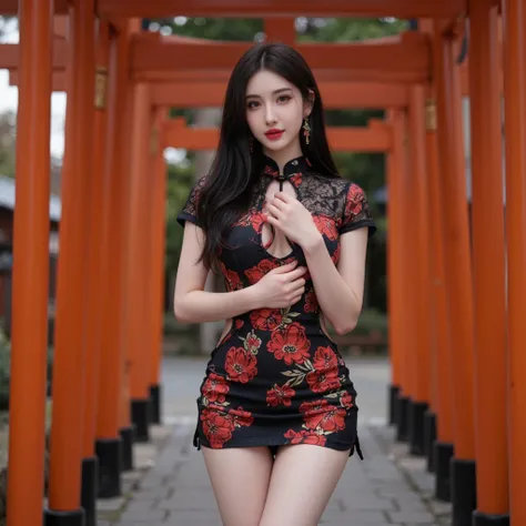 live-action, The Torii gate. a women, hands clasped together, pose sexy, she is wearing a black Chinese dress, red Japanese cherry Print Luxurious Black Lace short Chinese Dress Cheongsam Qipao, sexy and tight open chest cheongsam, side slits, Thighs stand...