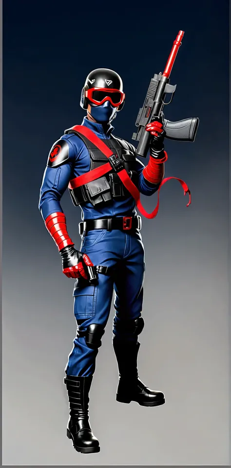 Full body image of Gi joe cobra viper, wearing darth vader mask with goggles on top, wearing dark blue tactical cargo shirt with rolled up sleeves with red snake insignia on the arm, red scarf, red grappling gloves, red gauntlets black and red armoured ves...