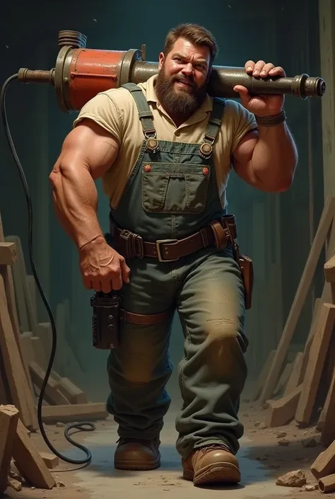 Workman carrying a drill 