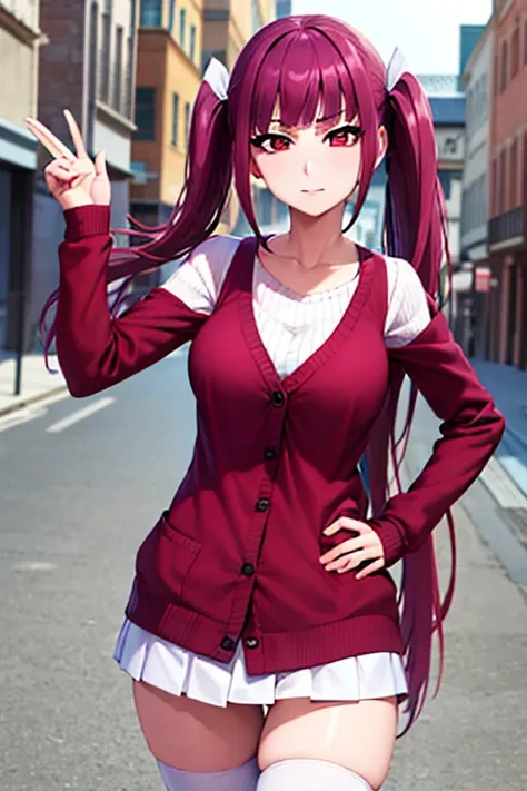 "Riruka, with vibrant eyes, standing in a peaceful town street, showcasing a moderate bust and soft rosy cheeks, wearing an red cardigan and white stockings, with a demure expression and stylish twin tails."