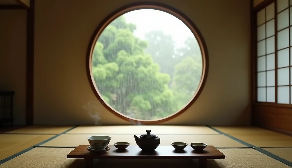 Japanese-style tea room 。 has a large round window representing Zen in the center。 It's Raining Outside the Window 。There are tatami mats in the room。 with teapots and teacups The 。 teacup contains green tea and 、 is steaming。
