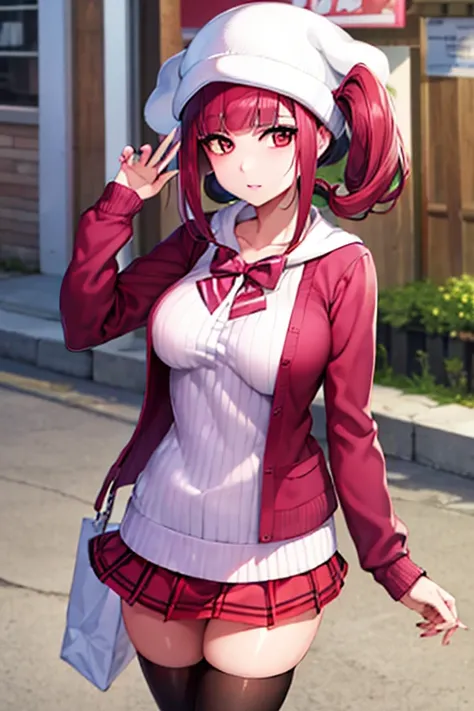 "Riruka, with vibrant eyes, standing in a peaceful town street, showcasing a moderate bust and soft rosy cheeks, wearing an red cardigan  and white stockings, with a demure expression and stylish twin tails."