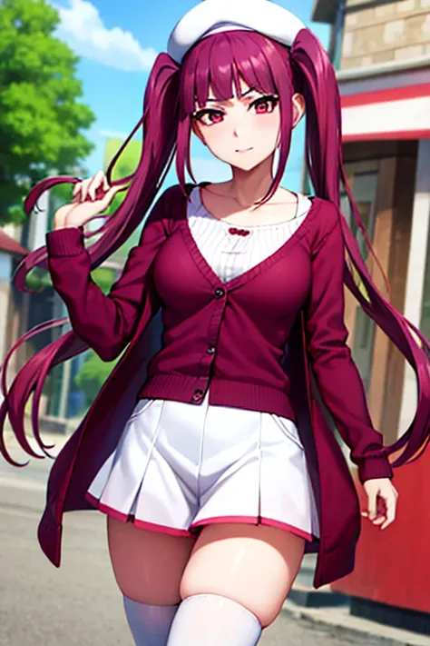 "Riruka, with vibrant eyes, standing in a peaceful town street, showcasing a moderate bust and soft rosy cheeks, wearing an red cardigan  and white stockings, with a demure expression and stylish twin tails."