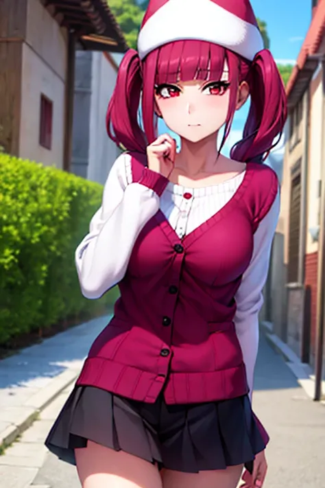 "Riruka, with vibrant eyes, standing in a peaceful town street, showcasing a moderate bust and soft rosy cheeks, wearing an red cardigan  and white stockings, with a demure expression and stylish twin tails."