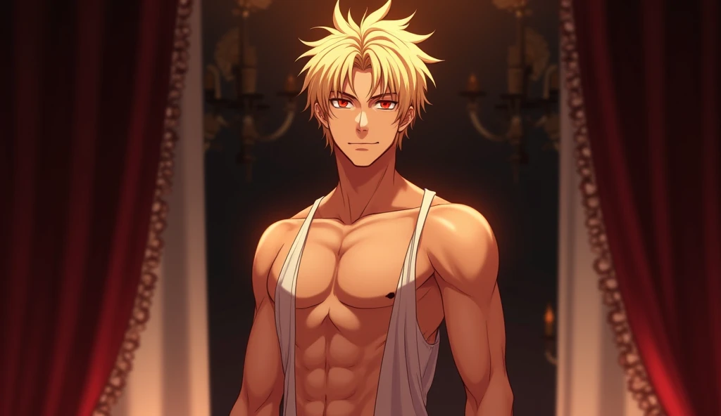 An anime-style illustration of a handsome blonde-haired male with piercing red eyes. He has a slightly revealing, form-fitting outfit that shows off his lean, muscular physique. Soft, warm lighting highlights his features, and he has a confident, seductive...