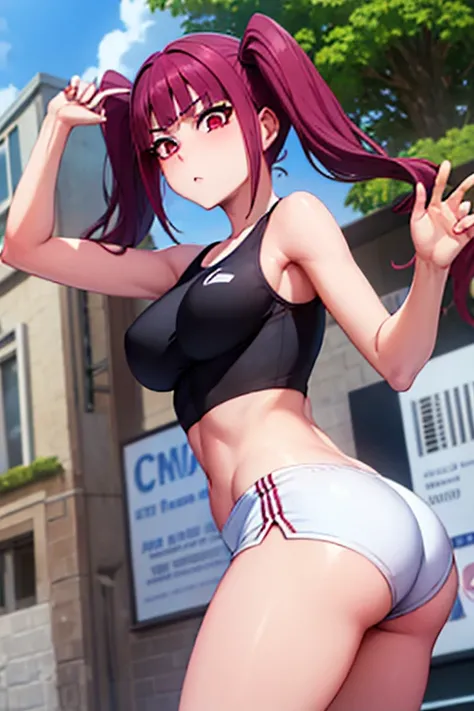 "Riruka, with vibrant eyes, outside in a quiet town street, showcasing a moderate bust and soft rosy cheeks, wearing a sports bra and booty shorts, while sporting a demure expression and stylish Twin tails."