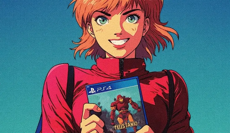 Retro Pop, anime smiling adult female with short strawberry blonde hair, green eyes, freckles, holding ps4 game case, 80s, blue, wearing hoodie