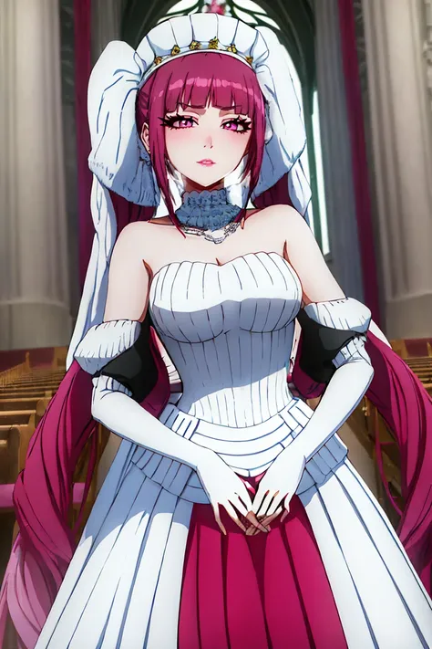 Riruka, a woman in her 20s, with intricately detailed eyes, detailed hands, with her hair put in twintails, radiating elegance in a stunning modern Wedding dress, standing inside a majestic church, exuding joy in her expression.