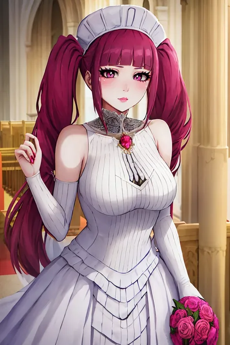 Riruka, a woman in her 20s, with intricately detailed eyes, detailed hands, with her hair put in twintails, radiating elegance in a stunning modern Wedding dress, standing inside a majestic church, exuding joy in her expression.