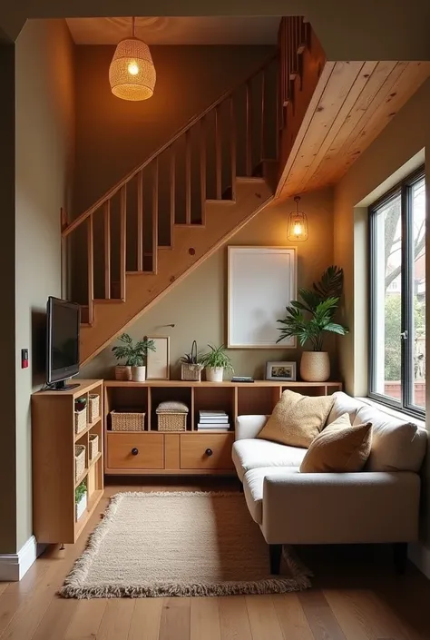 Please design a living room for me i have little space under my duplex stairs.