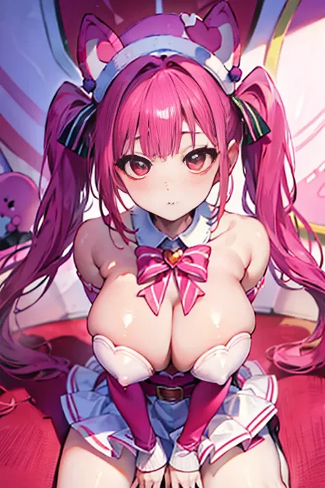 (Masterpiece), plushieland, heart full room, candy canes, pink aura, big boobs, cherry hair color, short twintails, cute facial expression, shy, looking at viewer, plushies on ground,