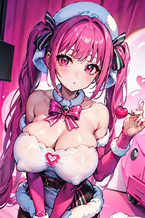 (Masterpiece), plushieland, heart full room, candy canes, pink aura, big boobs, cherry hair color, short twintails, cute facial expression, shy, looking at viewer, plushies on ground,