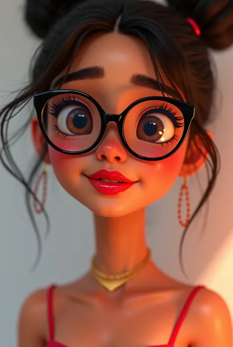 Girl with glasses half a trigueñita, With blusher, Glossy Disney Pixar lipstick