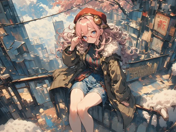 (masterpiece, top quality, highly detailed, absurd, very aesthetic), dutch angle, looking side, profile, from above, (highly detailed background, lighting, overlay), (holding the temples of her glasses with her fingers, smiling softly, sitting on a guardra...