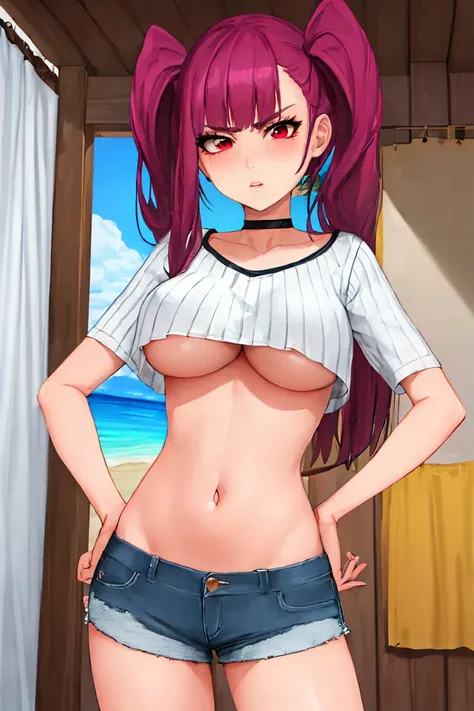 masterpiece, best quality, portrait of Riruka in her 20s, solo, red eyes, black crop top, (plain crop top:1.1), (baggy crop top:1.1), (boob curtains:1.3), denim shorts, black choker, (hands on hips:0.9), (tropical beach background:1.1), expressing attitude...