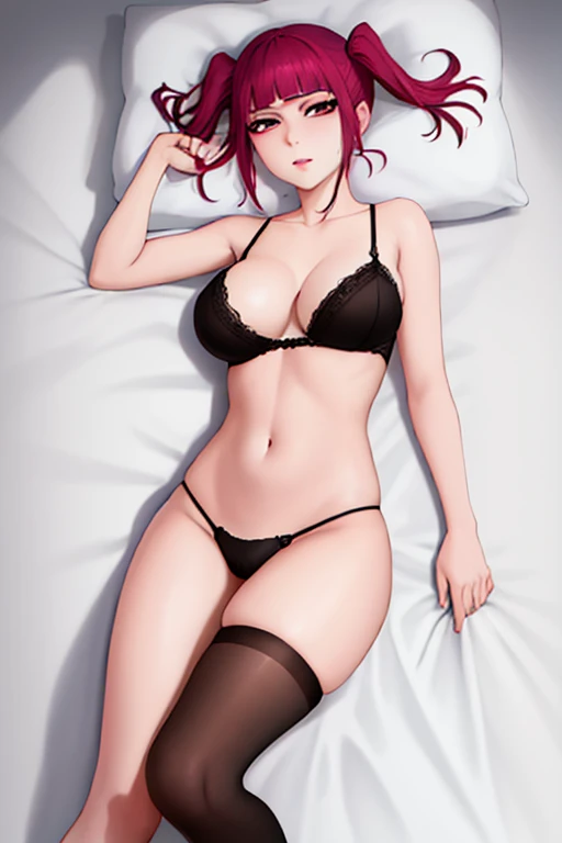 "riruka, lying in bed, wearing black stockings and black lingerie, viewed from above, full body, medium-sized breasts, cheeks flushed, soft lighting