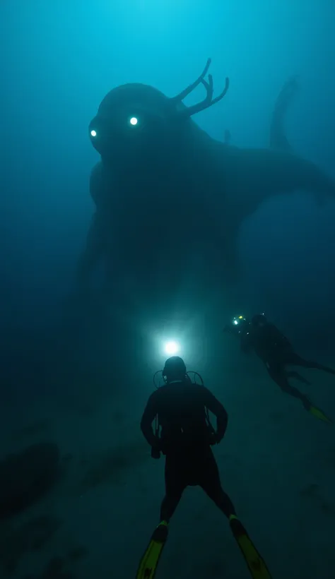 : A massive underwater creature, like a colossal sea serpent or kraken, lurks in the depths, partially illuminated by the faint light of a diver's flashlight. The camera angle mimics a GoPro shot, showing the perspective of one diver who is cautiously swim...