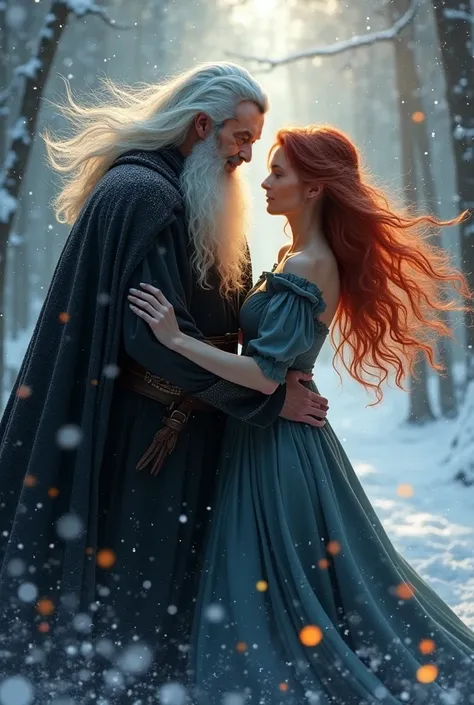 I have a wish, I want Dance with you, Masterpiece, wizard men in his 30s, white hair,white long beard,  ,  winter, flames in brown eyes,  black cloak, happy face, delicate detail. ultra details. highly detailed characters, dark atmospere ,with his young se...