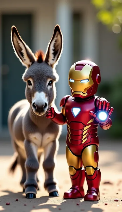 

a mini gray donkey , with huge ears ,  stands next to a one-year-old  dressed as Iron Man, who points his hand forward ,  as if shooting rays .  The little donkey looks curiously at the 's gesture .