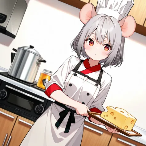 score_9,score_8_up,score_7_up,rating_safety,source_manga,masterpiece,best quality,hyper detailed,super fine illustration,8k,cinematic angle,from front,BREAK 1girl,19yo,solo,(rat ears),(grey hair,short hair),(red eyes),(apron+chef coat),(flat chest:0.7),(ho...