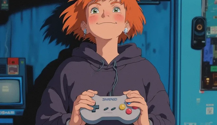 Retro Pop, anime smiling adult female with short strawberry blonde hair, green eyes, freckles, holding SNES game, 80s, blue, wearing hoodie,