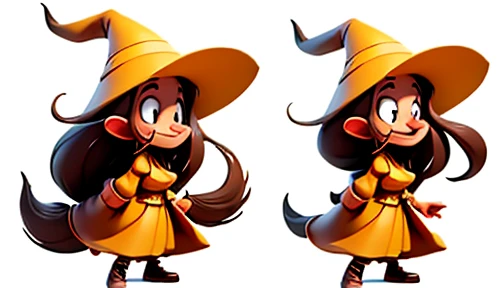  A cartoon of a witch lady ,  very long hair  ,  a bit long nose ,  long witch hat the color yellow on her head,  she wears yellow witch clothes ,  she is walking sideways , She is happy  . white background.