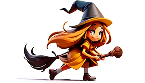  A cartoon of a witch lady ,  very long hair  ,  a bit long nose ,  long witch hat the color yellow on her head,  she wears yellow witch clothes ,  she is walking sideways , She is happy  . white background.