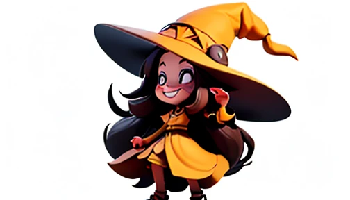  A cartoon of a witch lady ,  very long hair  ,  a bit long nose ,  long witch hat the color yellow on her head,  she wears yellow witch clothes ,  she is walking sideways , She is happy  . white background.