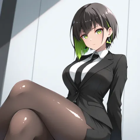 masterpiece, (((( best quality )))),1 girl, Japanese Anime ,,shiny skin, wearing a black suit,skirt suit, black tie , dark hair, short bob hair,The inner color of the hair is green, green eyes,isosceles triangle earrings, black tights,large breasts