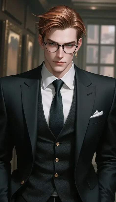 a handsome lecturer wearing reading glasses, pose like a model by wearing a suit and also a vest. brownish red hair and also light blue eyes. standing gallantly with a front-facing pose.