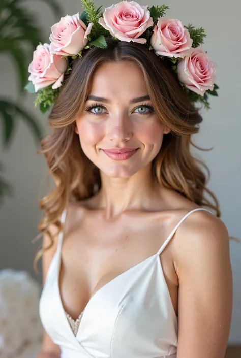  EUROPEAN POLAND realistic WHITE BEAUTIFUL WOMAN OF 25 YEARS WITH LIGHT BROWN HAIR WITH A BOUQUET OF PINK WHITE ROSES WITH A BOUQUET OF FLOWERS GIRL IS SMILING,  SHE HAS A WREATH OF FLOWERS ON HER HEAD . FULL BODY ON IMAGE, MOST COLORFUL, ZDJĘCIE ZROBIONE ...