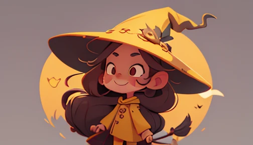  A cartoon of a witch lady ,  very long hair  ,  a bit long nose ,  long witch hat the color yellow on her head,  she wears yellow witch clothes ,  she is walking sideways , She is happy  . white background.