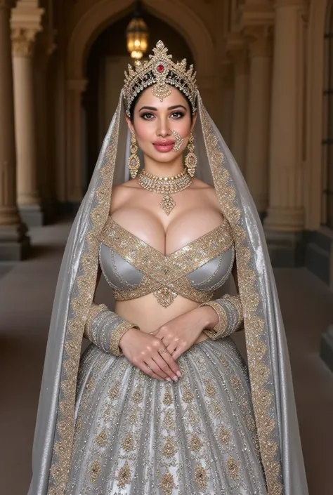 An Indian princess with huge natural breasts revealing cleavage is wearing a silver silk lehenga with gold and diamond embroidery and a silver dupatta on the head, adorned with heavy gold and diamond jewelry like a necklace and bangles. earrings, nose ring...