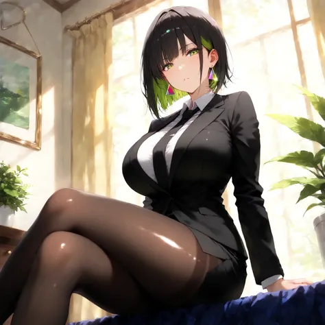 masterpiece, (((( best quality )))),1 girl, Japanese Anime ,,shiny skin, wearing a black suit,skirt suit, black tie , dark hair, short bob hair,The inner color of the hair is green, green eyes,isosceles triangle earrings, black tights,large breasts,