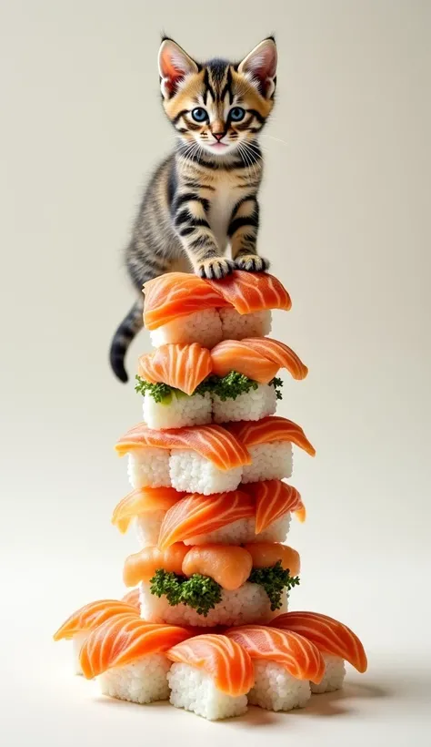  How much sushi on a head

The kitten I'm putting on　Sushi Tower Realistic Photo Image 　The kitten is standing 