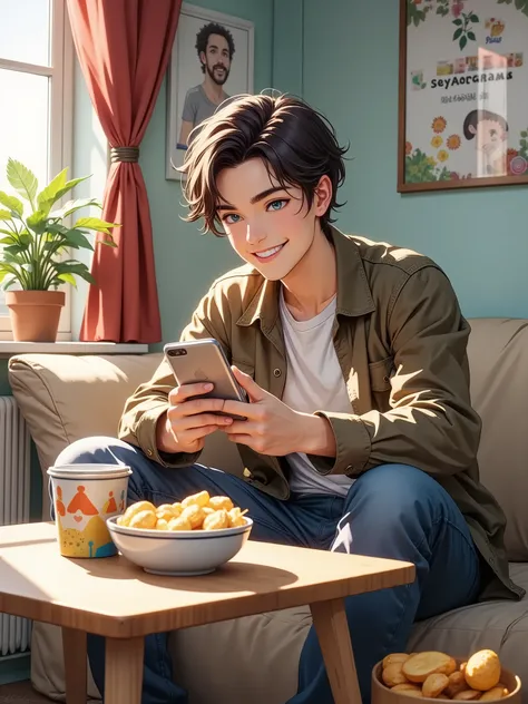 A young handsome 25 years old man in his room using his mobile setting on sofa with smile and happy expression, and wooden table with mug and chips wrappers and Greenery and in his room little little from the window, wide angle shot with poster on wall big...