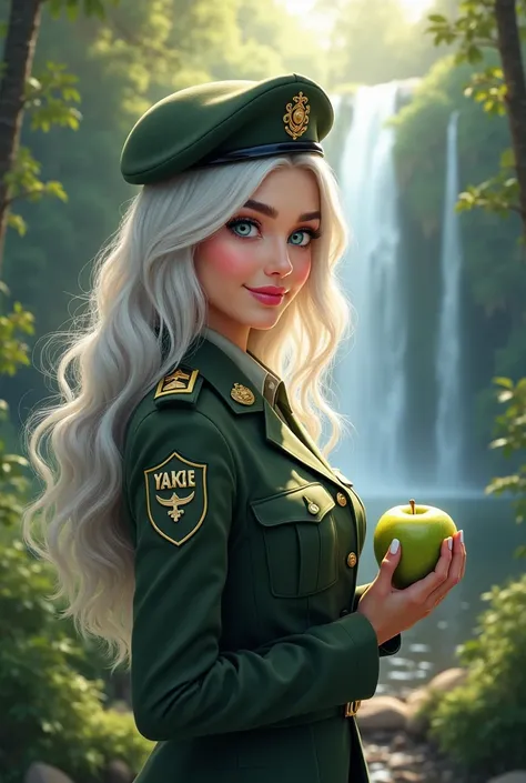  A girl with blue Caucasian eyes smiles sweetly in Israeli IDF military uniform,  white long hair, green apple in hand, pink lipstick ,  white nail manicure ,  mystical forest through the bright sun , waterfall, photorealistic image in ultra quality 