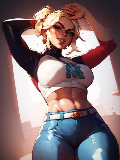 Nina is a 40-year-old woman , Athletic,  short blonde hair , green eyes and beautiful . She is standing, she is dressed in an american baseball uniform. the image commands respect. the style of the image is drawing , 
dynamic angle, vibrant lighting, high ...