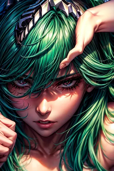 detailed emerald green hair，detailed brown eye，detailed face，skull on the head，highres，32K，fighting expression