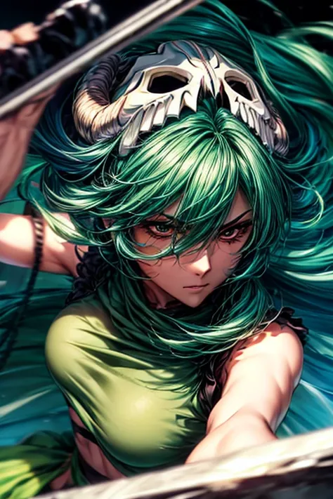 detailed emerald green hair，detailed brown eye，detailed face，skull on the head，highres，32K，fighting expression