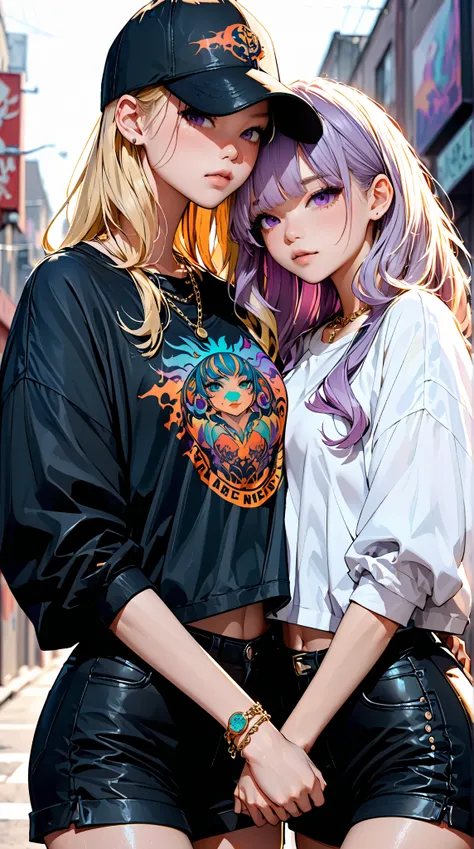 2 peopleの女の子,duo, high resolution,  long hair, Light purple hair, とても long hair, とても long hair,  simple background, abstract,  character design ,  character design ,  Ghibli style color, ラッパーSisters,Sisters, holding hands,Rapper Style, Street系,Cap,tattoo, ...